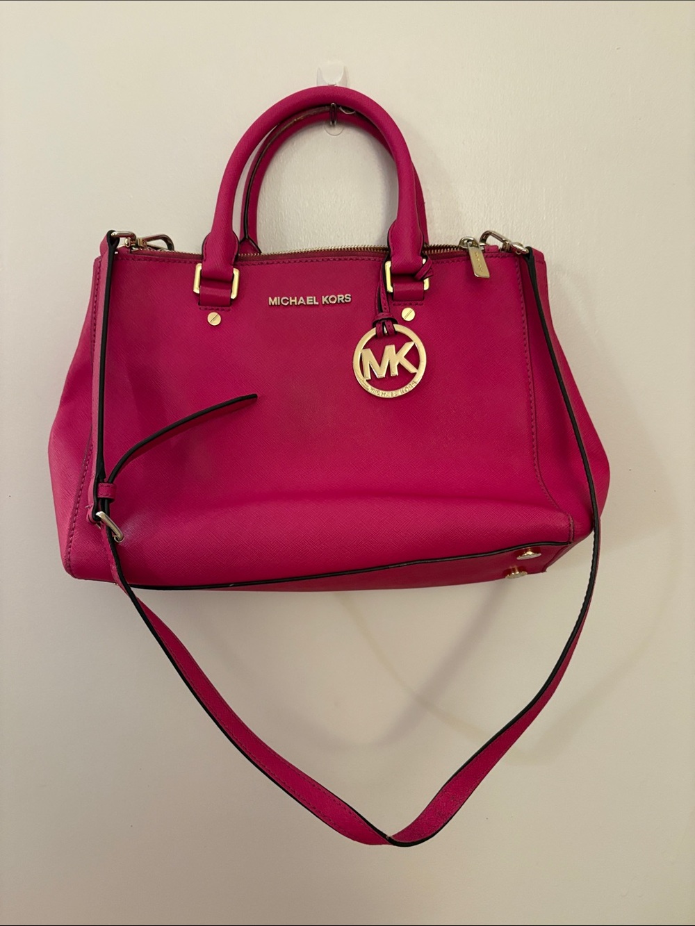 Michael Kors Hot Pink Saffiano Leather Satchel with Gold Hardware